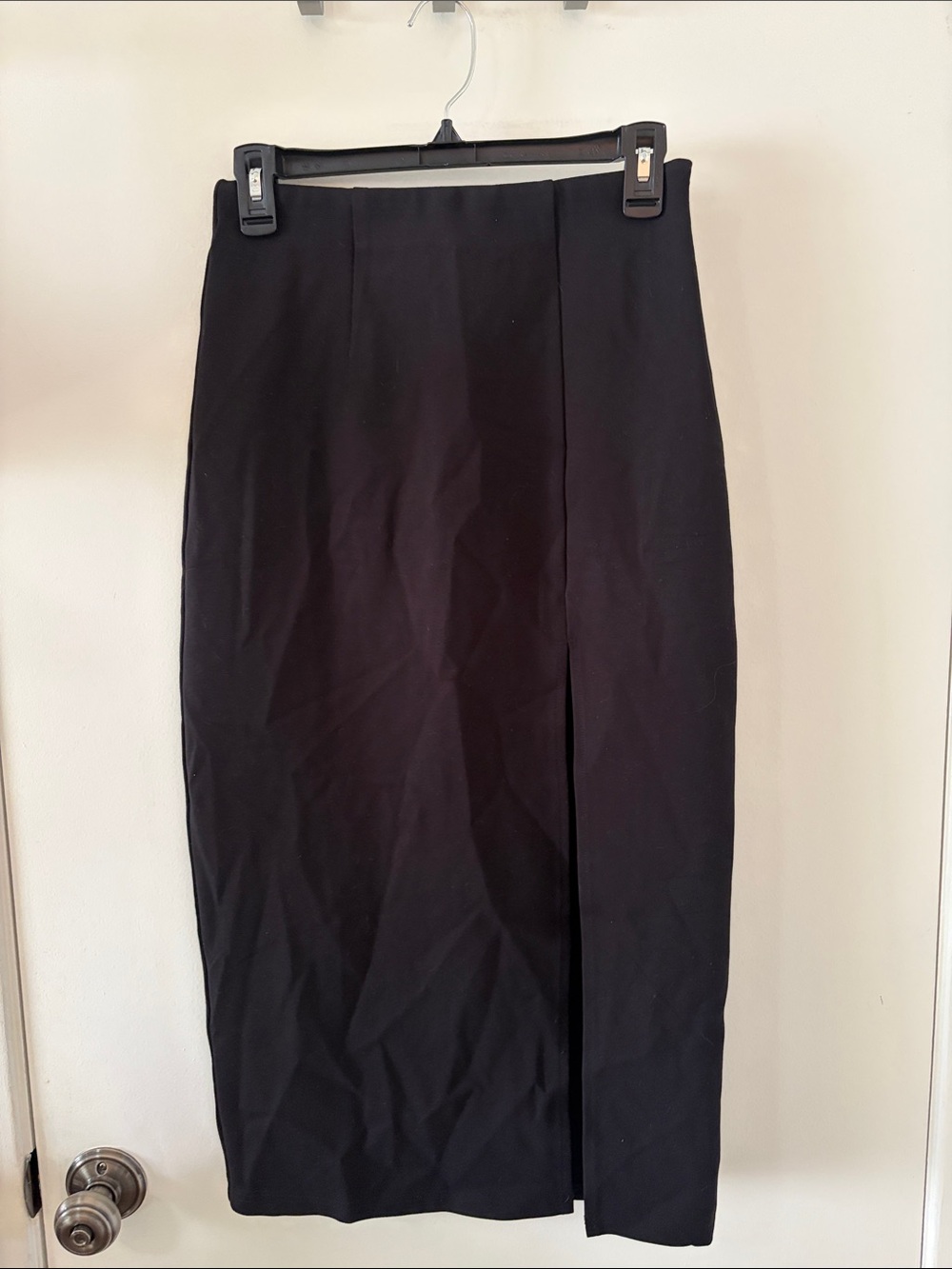 Lulu's Black Midi Pencil Skirt with Front Slit